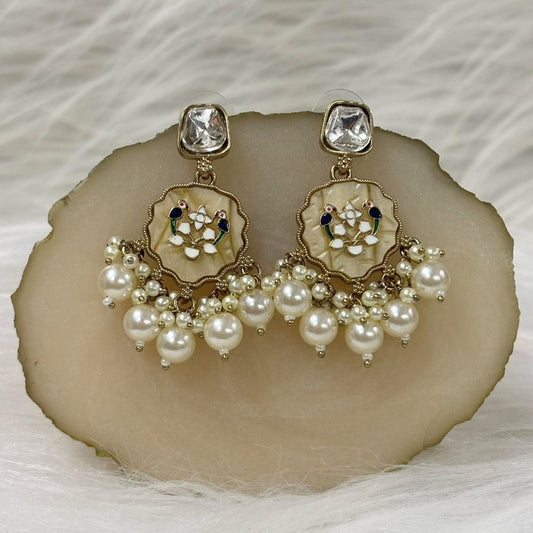 High-Quality Gold Plated Kundan Dangler Earrings with Enamel & White Semi-Cultured Pearls