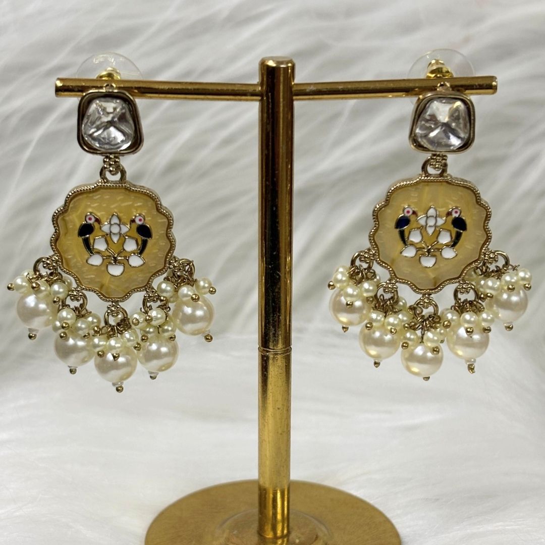 High-Quality Gold Plated Kundan Dangler Earrings with Enamel & White Semi-Cultured Pearls