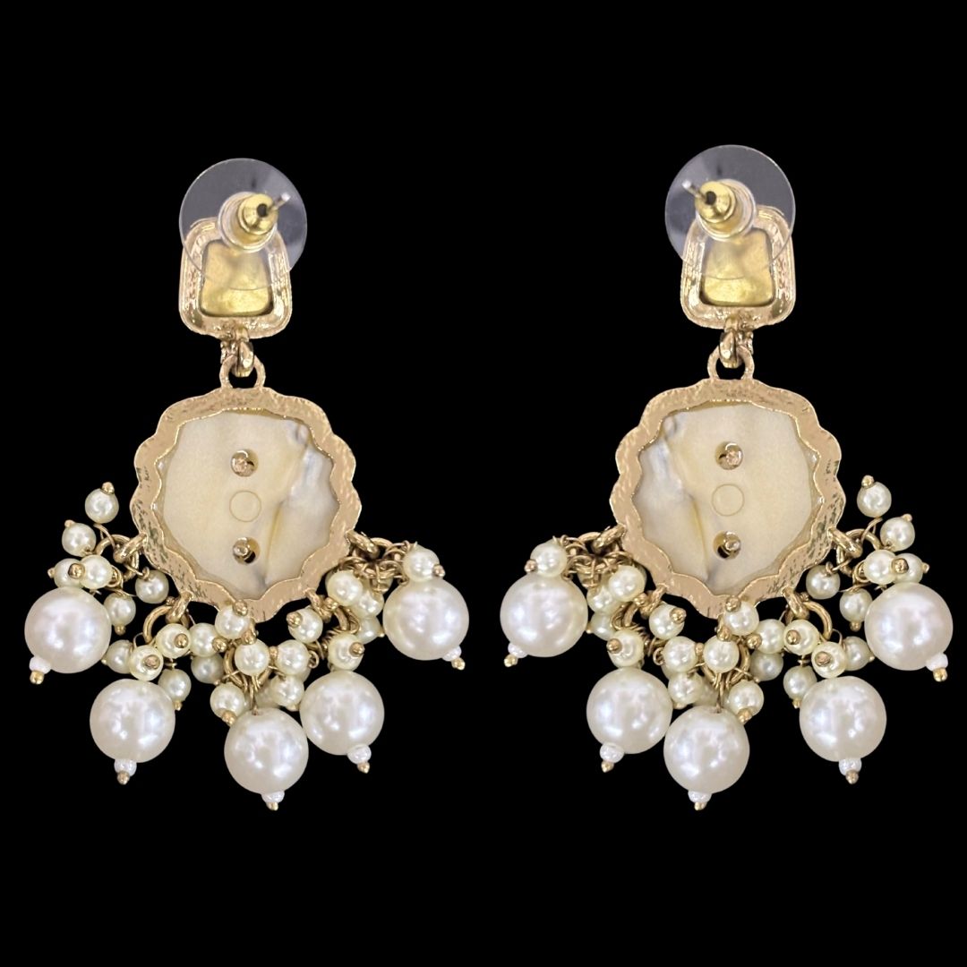 High-Quality Gold Plated Kundan Dangler Earrings with Enamel & White Semi-Cultured Pearls