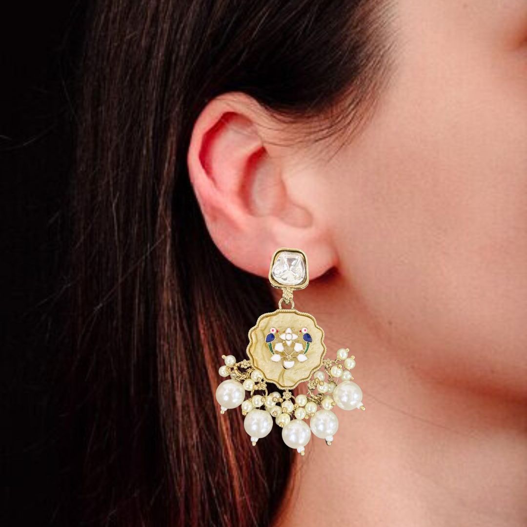 High-Quality Gold Plated Kundan Dangler Earrings with Enamel & White Semi-Cultured Pearls