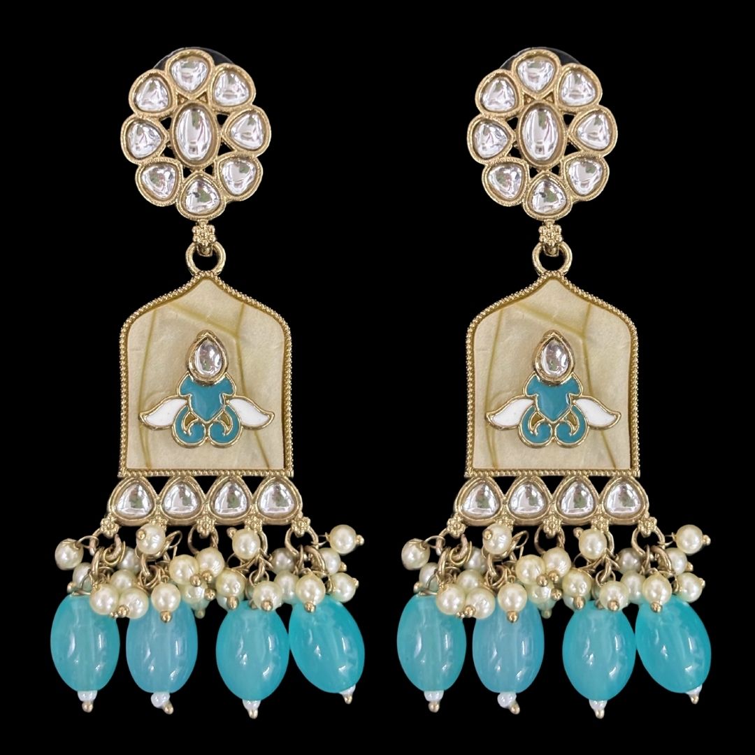 High-Quality Gold Plated Kundan Earrings with Enamel & Blue Semi-Cultured Pearls
