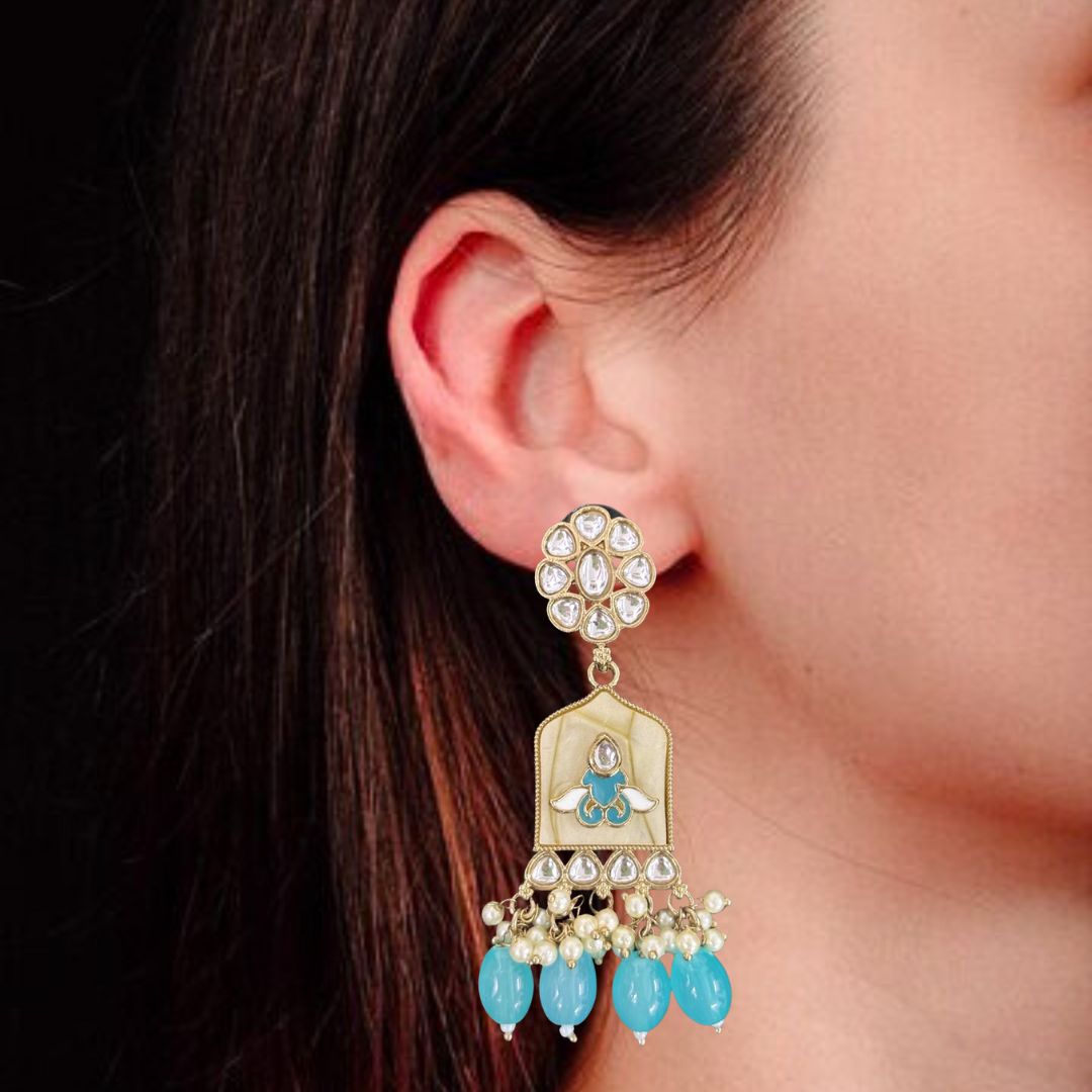High-Quality Gold Plated Kundan Earrings with Enamel & Blue Semi-Cultured Pearls