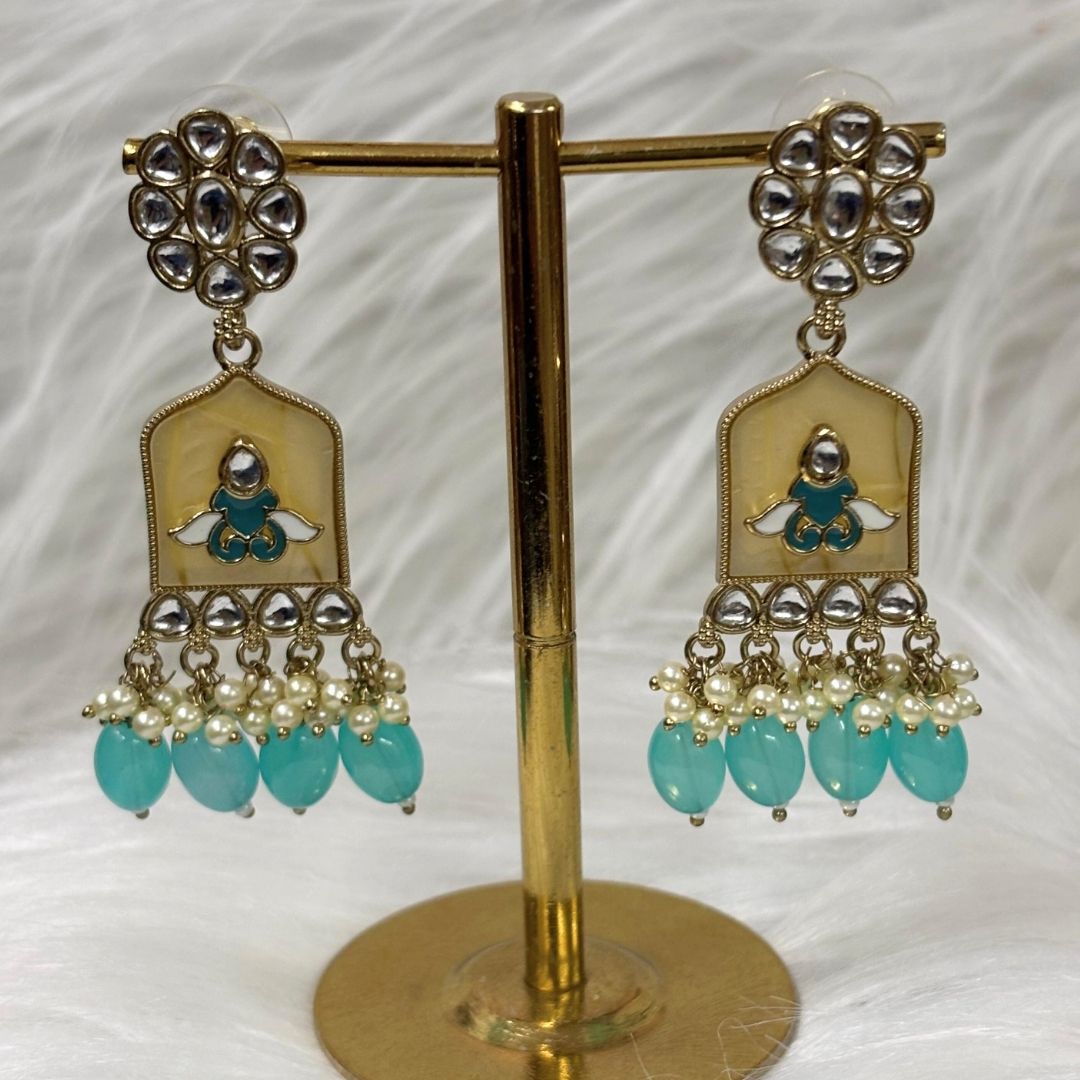 High-Quality Gold Plated Kundan Earrings with Enamel & Blue Semi-Cultured Pearls
