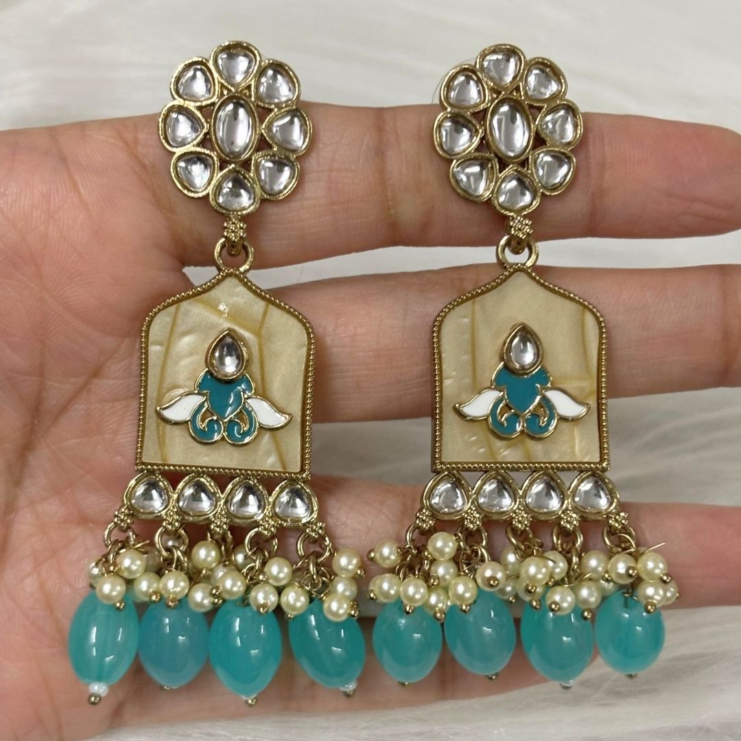 High-Quality Gold Plated Kundan Earrings with Enamel & Blue Semi-Cultured Pearls