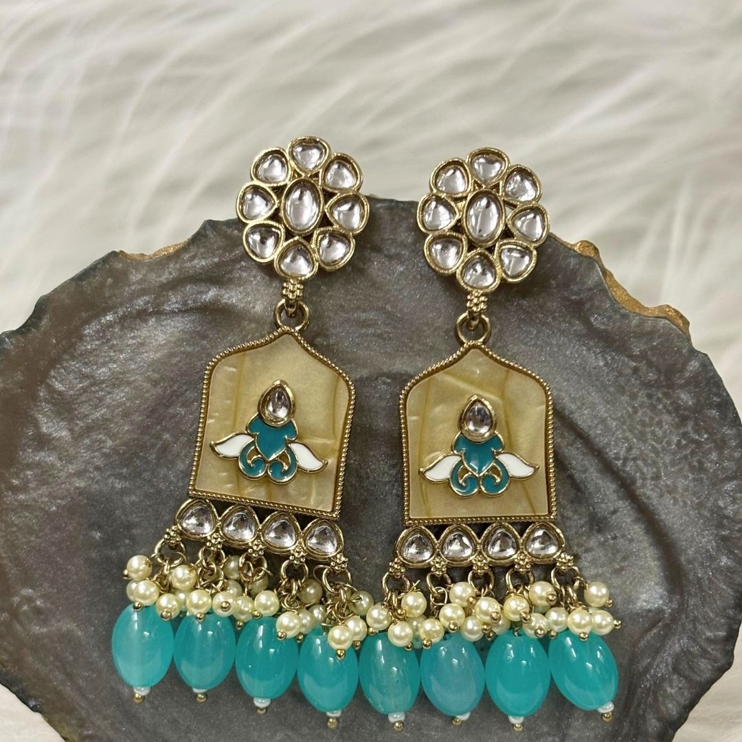 High-Quality Gold Plated Kundan Earrings with Enamel & Blue Semi-Cultured Pearls