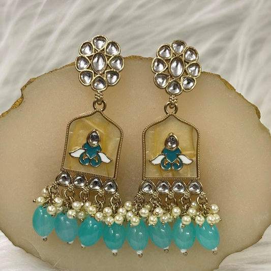 High-Quality Gold Plated Kundan Earrings with Enamel & Blue Semi-Cultured Pearls