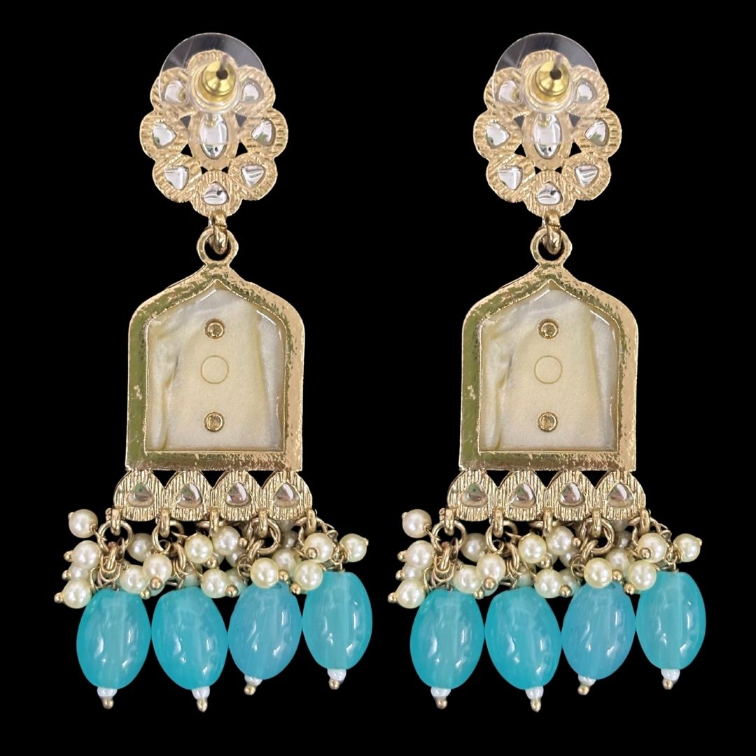 High-Quality Gold Plated Kundan Earrings with Enamel & Blue Semi-Cultured Pearls