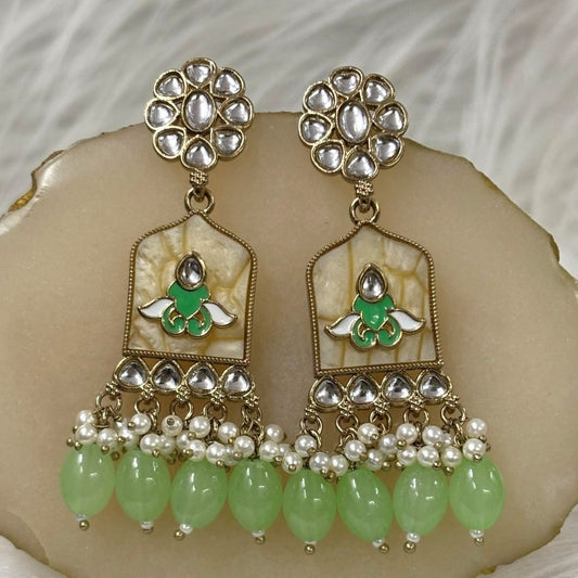 High-Quality Gold Plated Kundan Enamel Earrings with Green Semi-Cultured Pearls