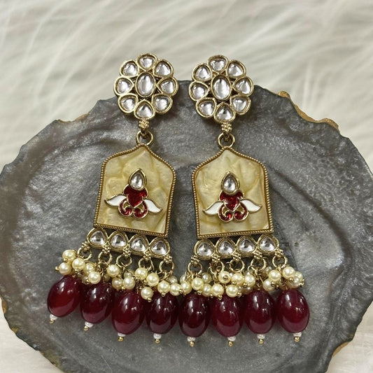 High-Quality Gold Plated Kundan Enamel Earrings with Maroon Semi-Cultured Pearls