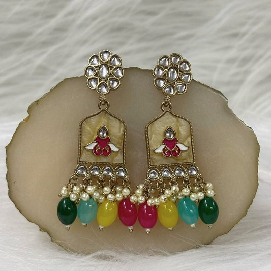 High-Quality Gold Plated Kundan Earrings with Enamel & Multi Color Semi-Cultured Pearls