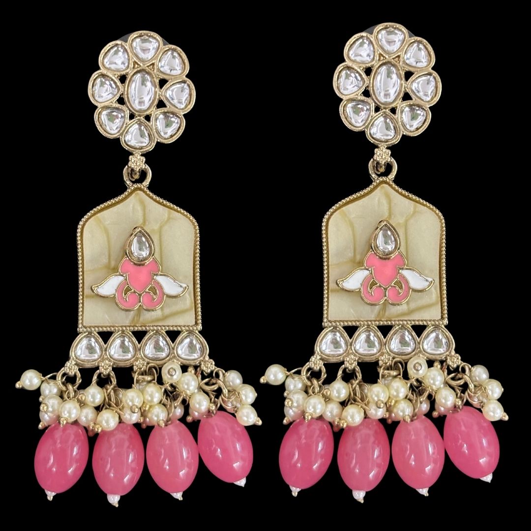 High-Quality Gold Plated Kundan Earrings with Enamel & Pink Semi-Cultured Pearls