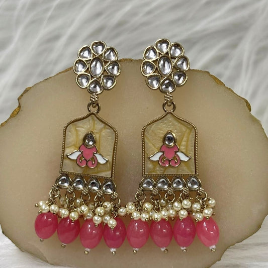 High-Quality Gold Plated Kundan Earrings with Enamel & Pink Semi-Cultured Pearls