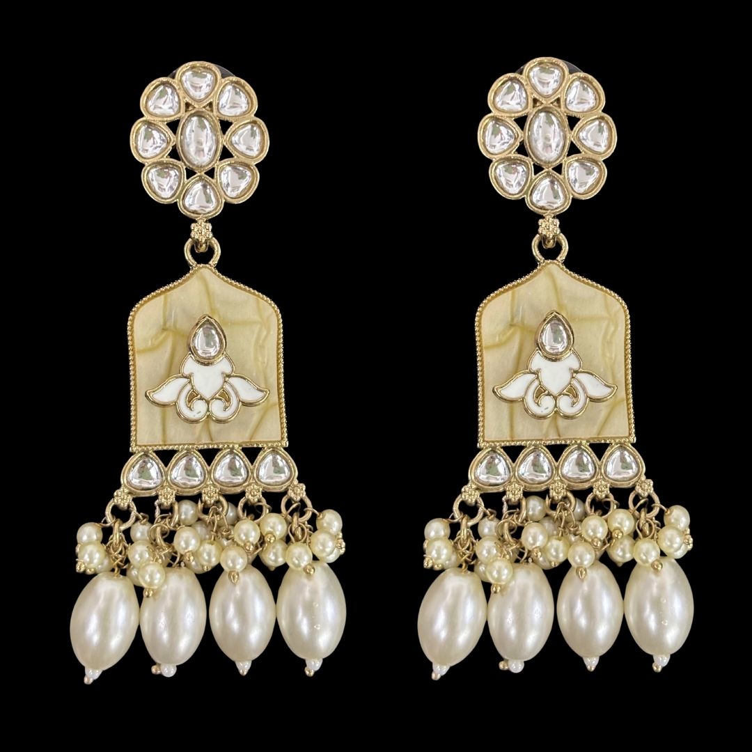 High-Quality Gold Plated Kundan Earrings with Enamel & White Semi-Cultured Pearls