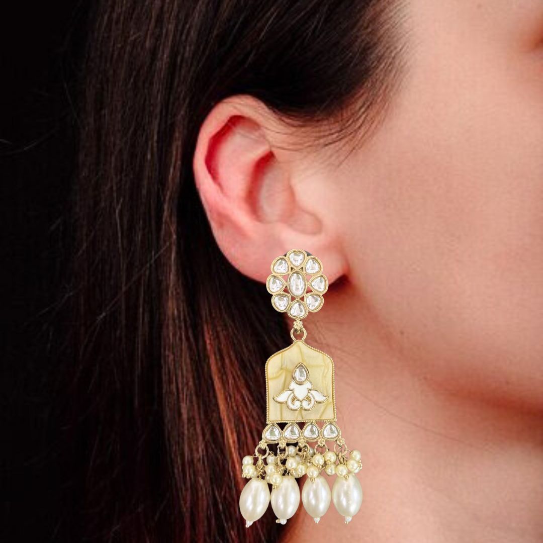 High-Quality Gold Plated Kundan Earrings with Enamel & White Semi-Cultured Pearls