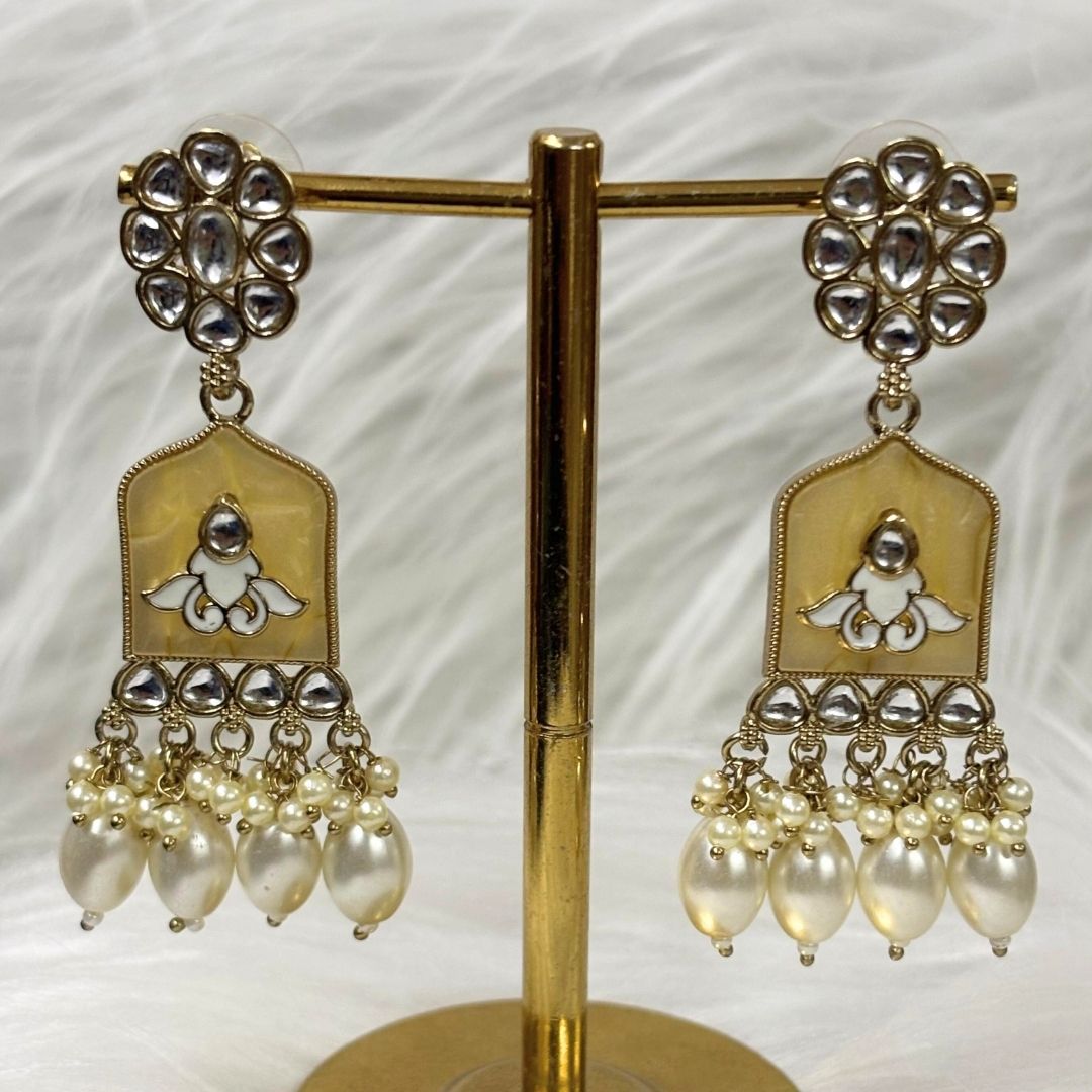High-Quality Gold Plated Kundan Earrings with Enamel & White Semi-Cultured Pearls