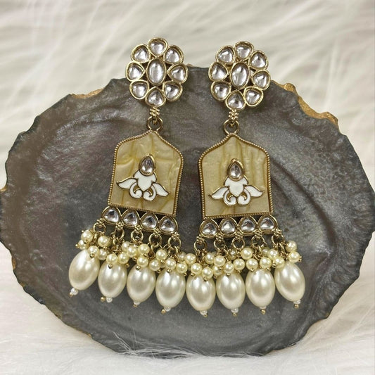 High-Quality Gold Plated Kundan Earrings with Enamel & White Semi-Cultured Pearls