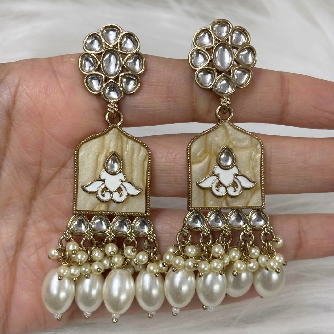 High-Quality Gold Plated Kundan Earrings with Enamel & White Semi-Cultured Pearls