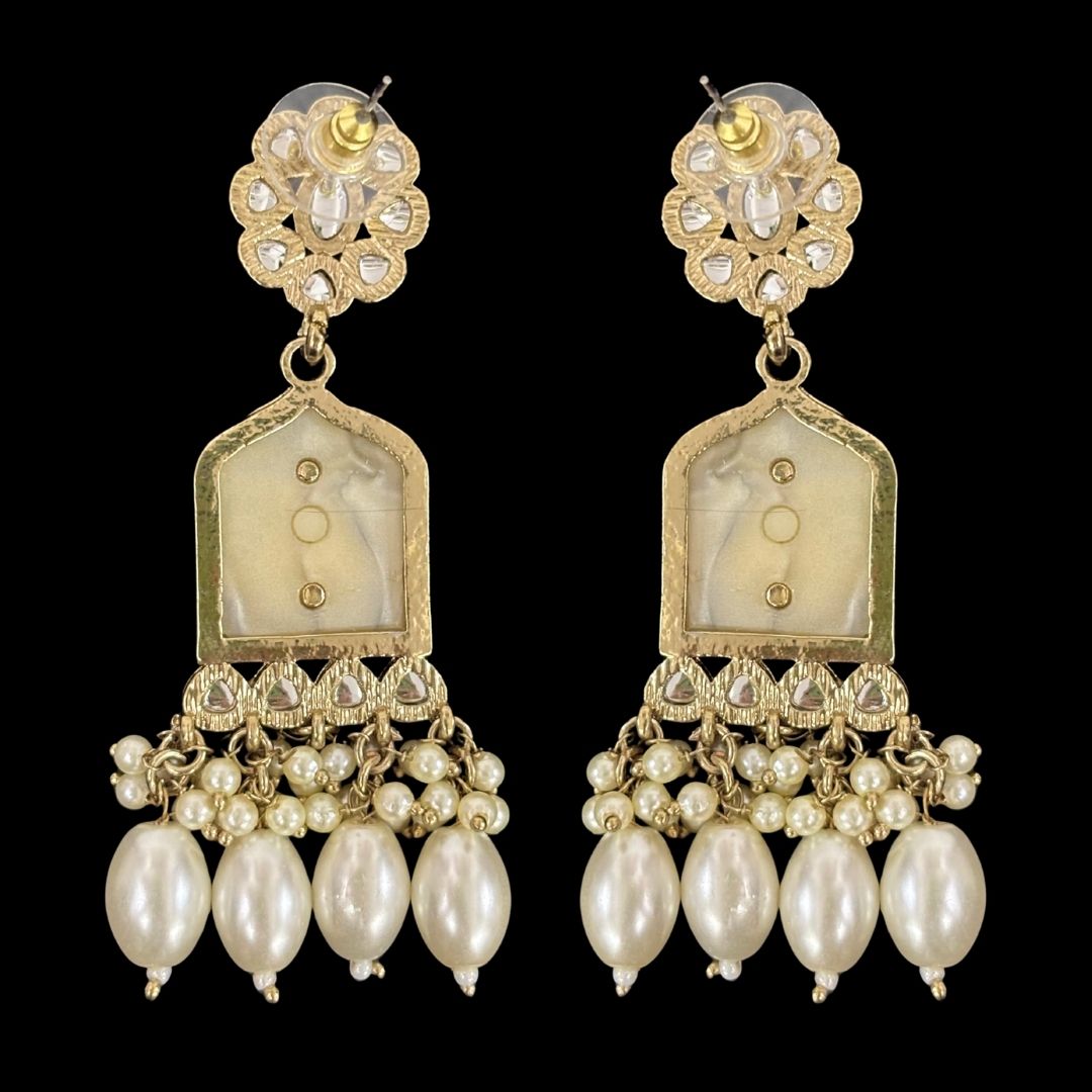 High-Quality Gold Plated Kundan Earrings with Enamel & White Semi-Cultured Pearls