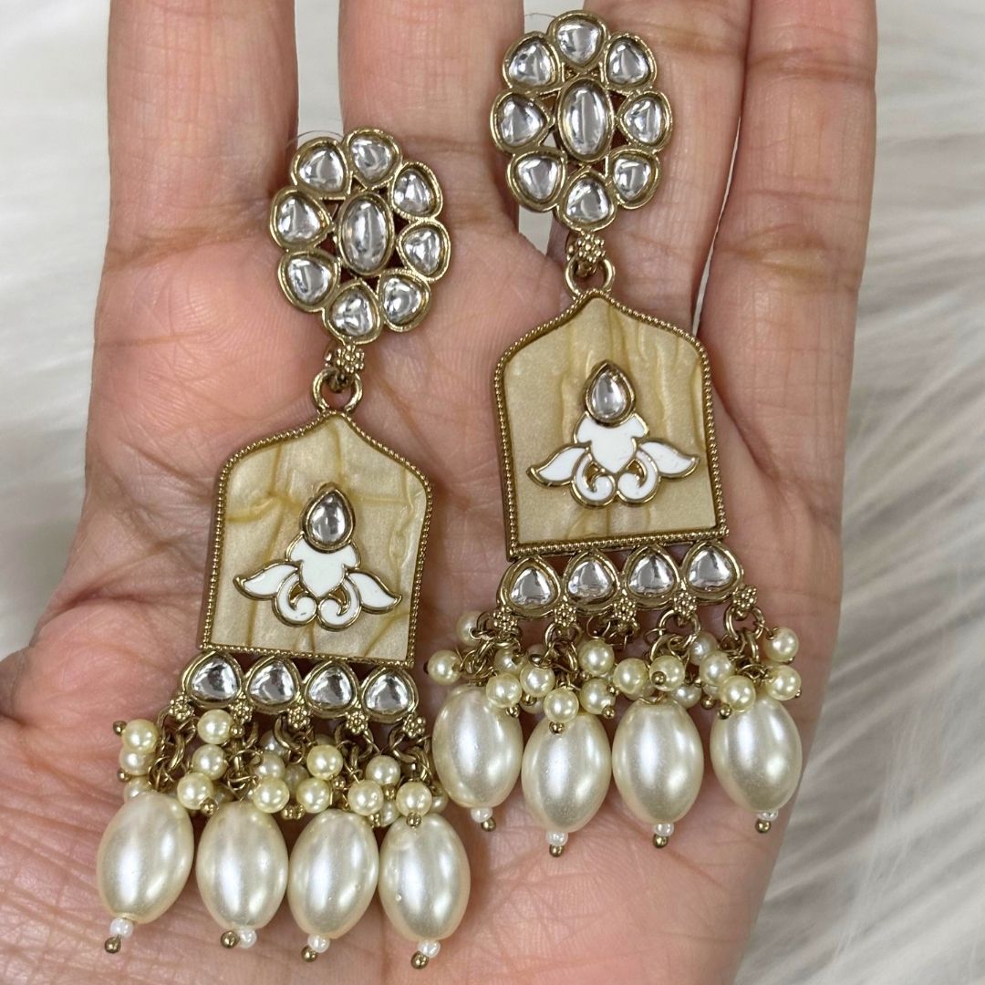 High-Quality Gold Plated Kundan Earrings with Enamel & White Semi-Cultured Pearls