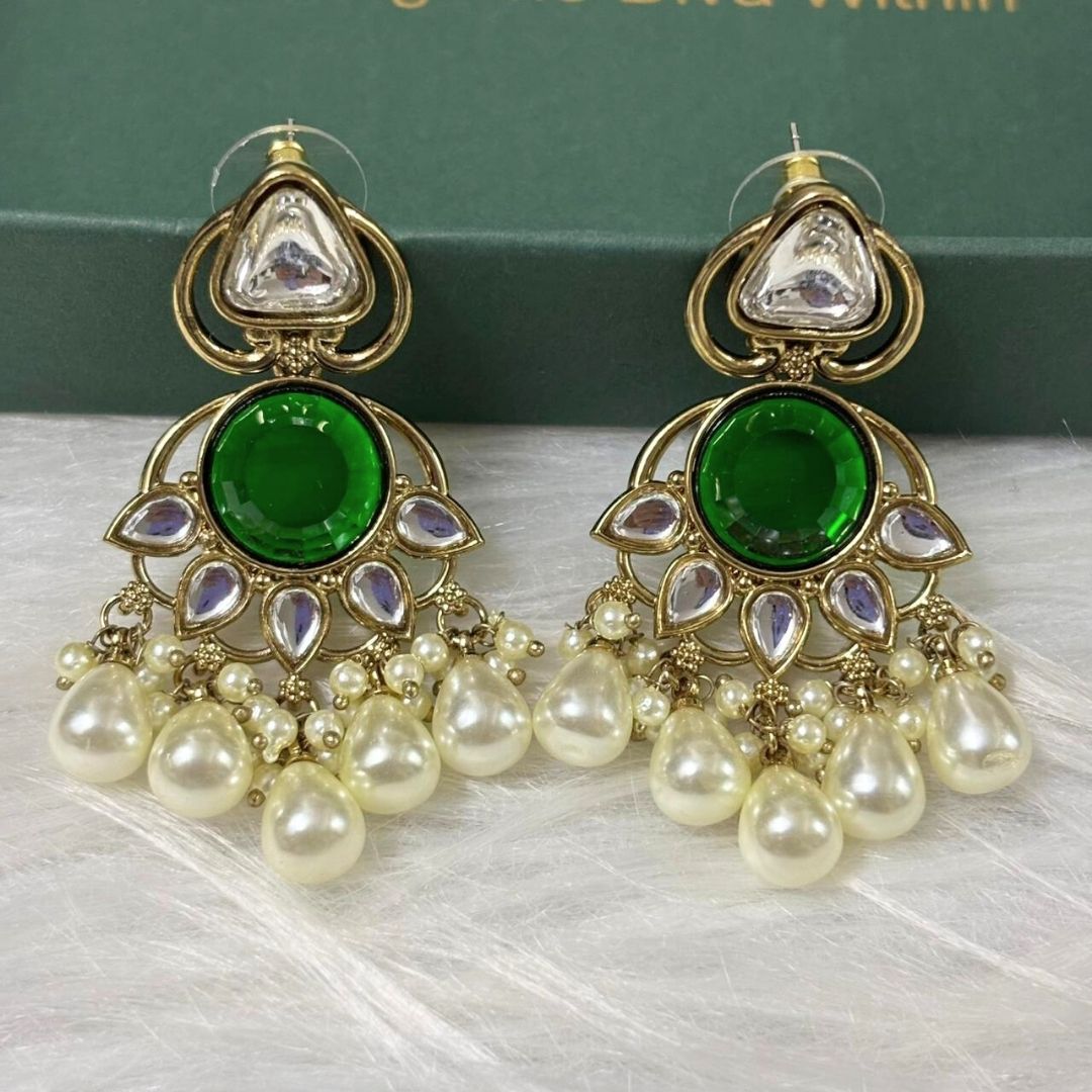 High Quality Gold Plated Emerald Kundan Chandbali Pearl Drop Earrings