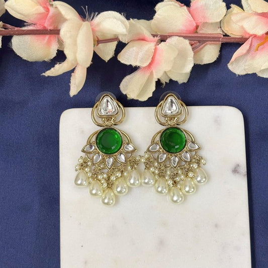High Quality Gold Plated Emerald Kundan Chandbali Pearl Drop Earrings
