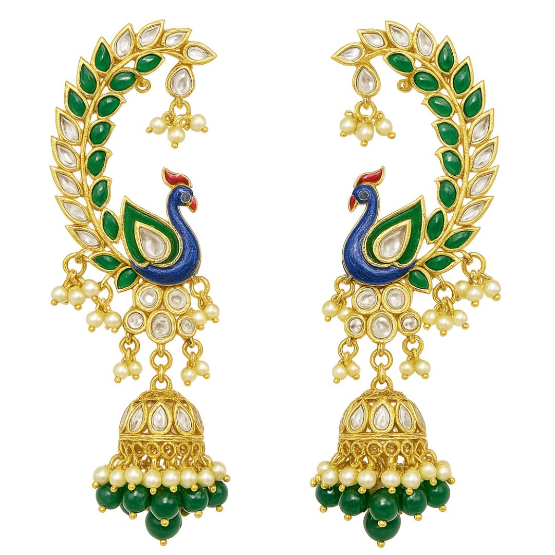High Quality Gold Plated Heritage Peacock Jhumki Earrings with Kundan & Semi-Cultured Pearls