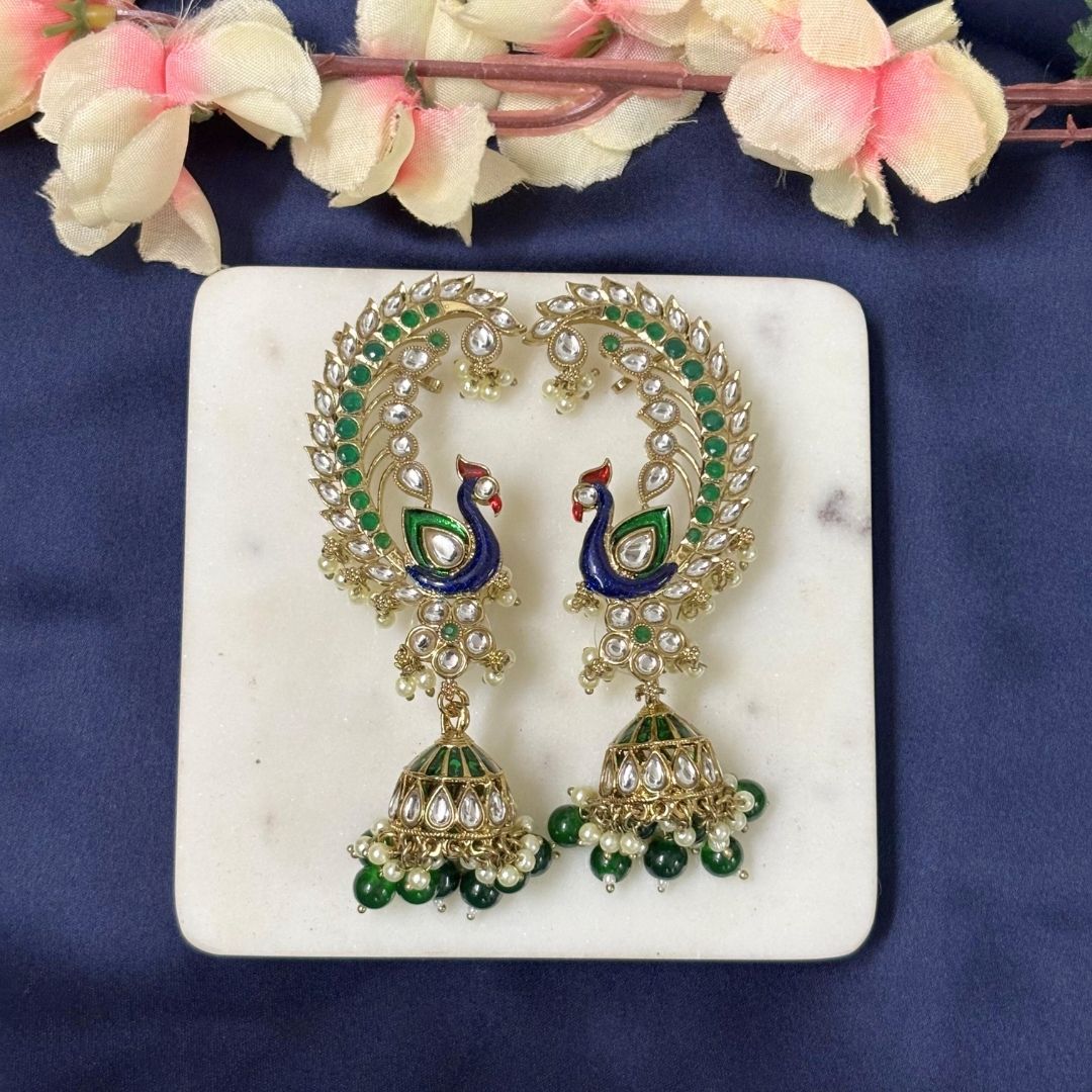 High Quality Gold Plated Heritage Peacock Jhumki Earrings with Kundan & Semi-Cultured Pearls