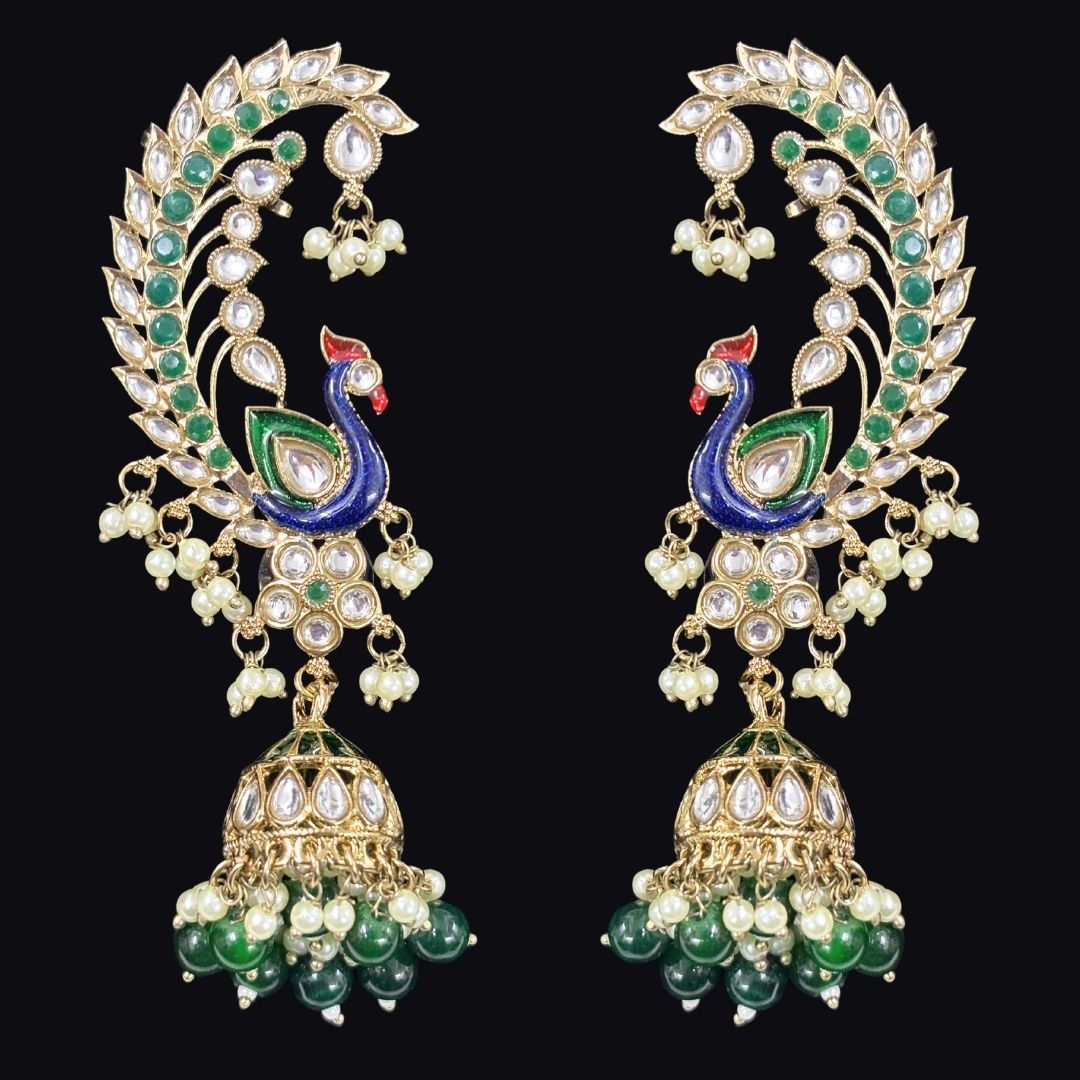 High Quality Gold Plated Heritage Peacock Jhumki Earrings with Kundan & Semi-Cultured Pearls