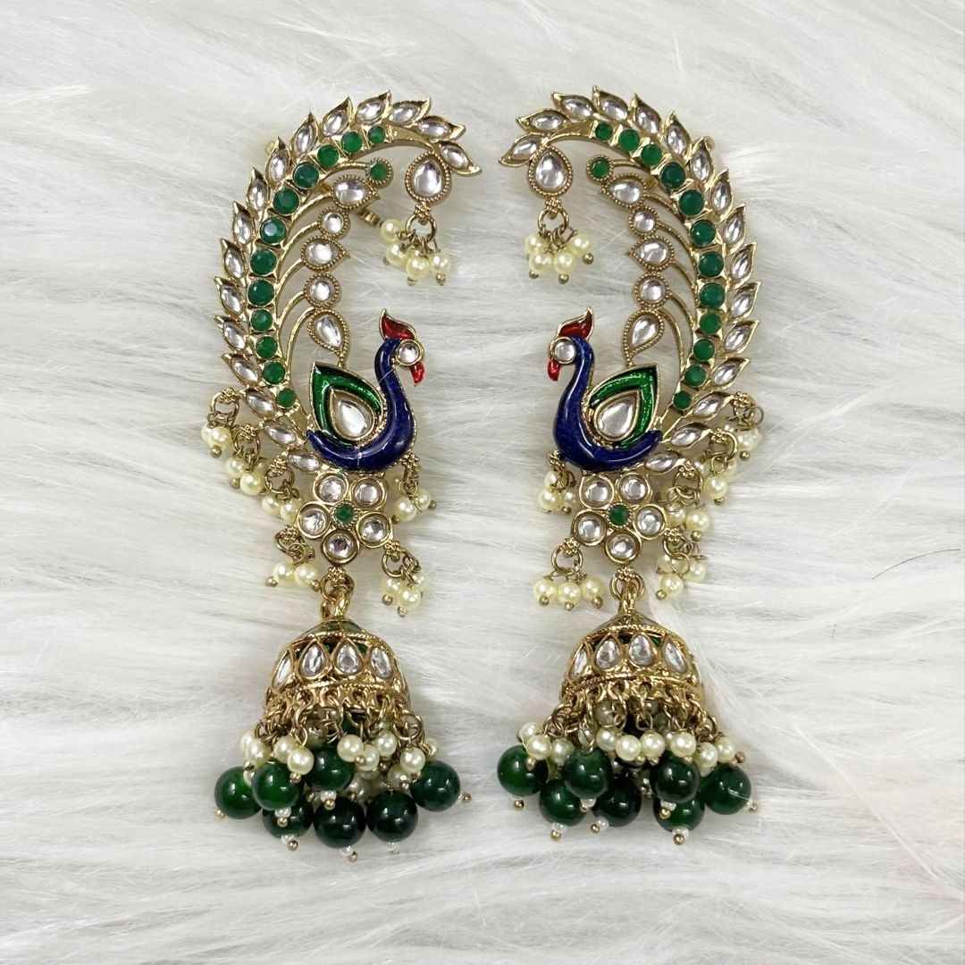 High Quality Gold Plated Heritage Peacock Jhumki Earrings with Kundan & Semi-Cultured Pearls