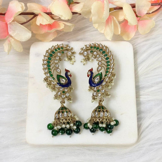 High Quality Gold Plated Heritage Peacock Jhumki Earrings with Kundan & Semi-Cultured Pearls