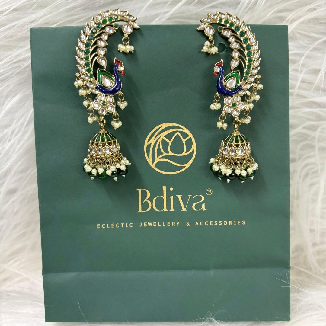 High Quality Gold Plated Heritage Peacock Jhumki Earrings with Kundan & Semi-Cultured Pearls