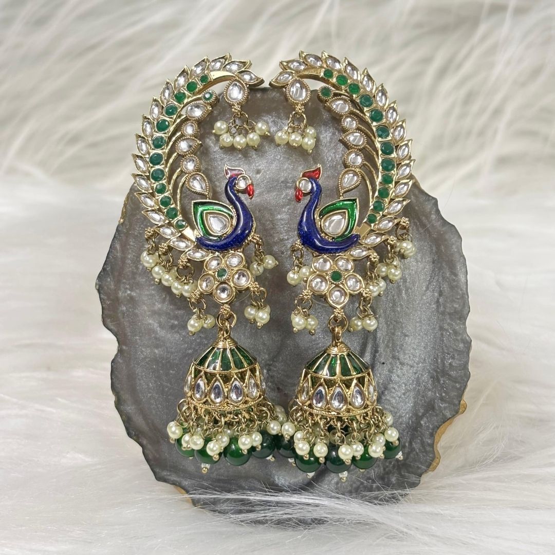 High Quality Gold Plated Heritage Peacock Jhumki Earrings with Kundan & Semi-Cultured Pearls