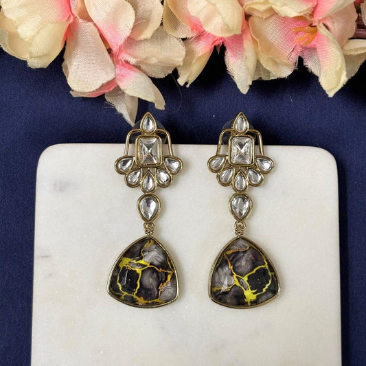 High Quality Gold Plated Black Stone Kundan Drop Earrings