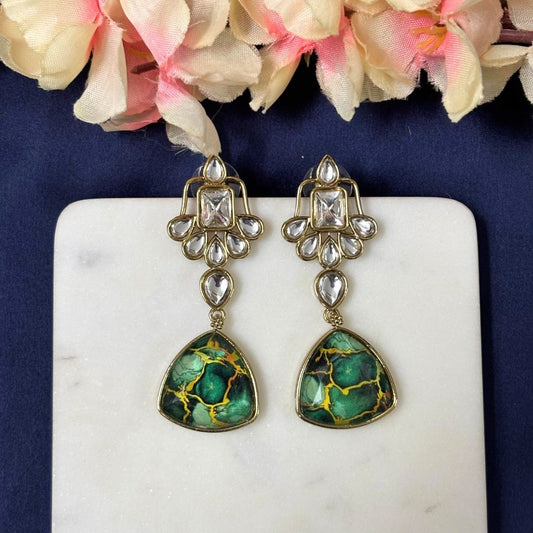 High Quality Gold Plated Dark Green Kundan Art Deco Drop Earrings