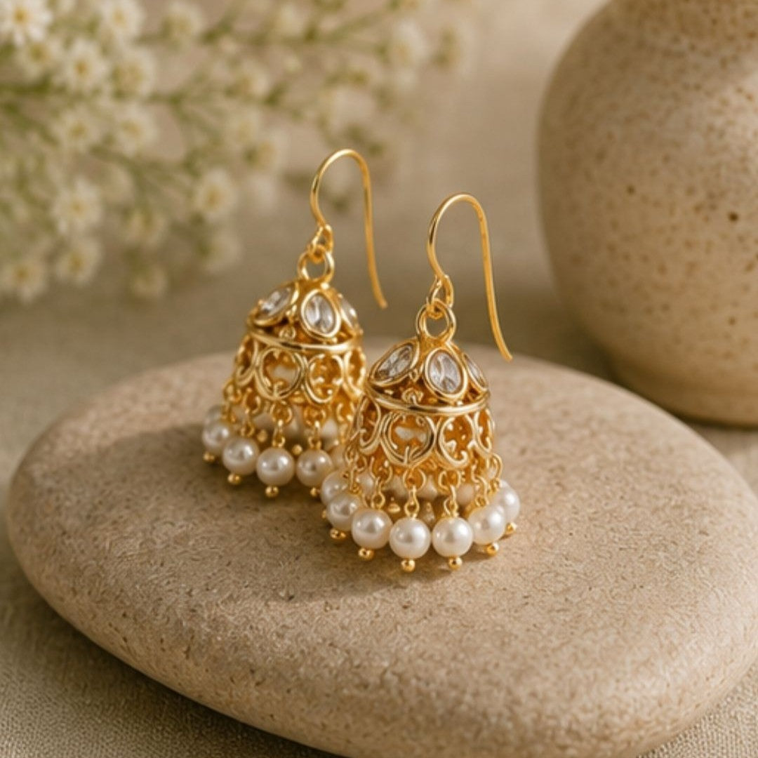 Gold Plated Kundan Pearl Jhumki Earrings
