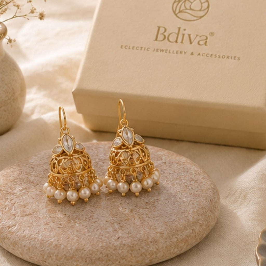 Gold Plated Kundan Pearl Jhumki Earrings