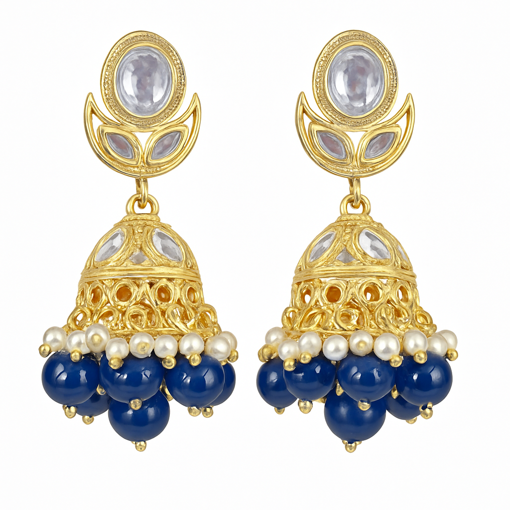 High Quality Gold Plated Navy Blue Kundan Jhumki Drop Earrings