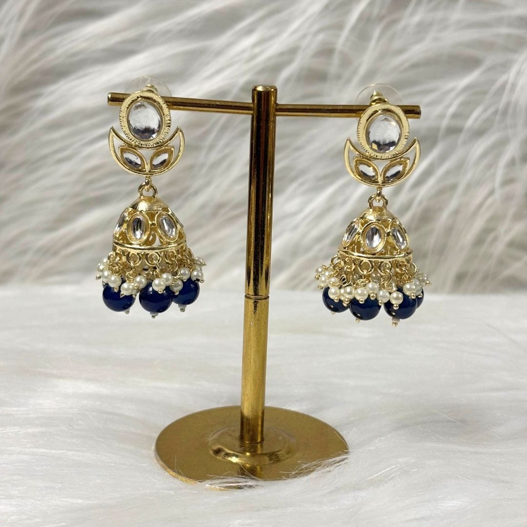 High Quality Gold Plated Navy Blue Kundan Jhumki Drop Earrings