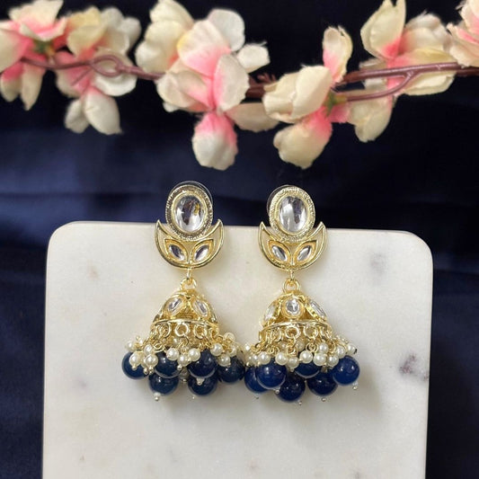 High Quality Gold Plated Navy Blue Kundan Jhumki Drop Earrings