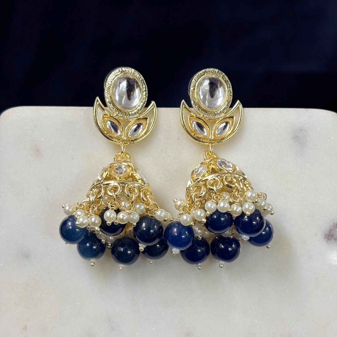 High Quality Gold Plated Navy Blue Kundan Jhumki Drop Earrings