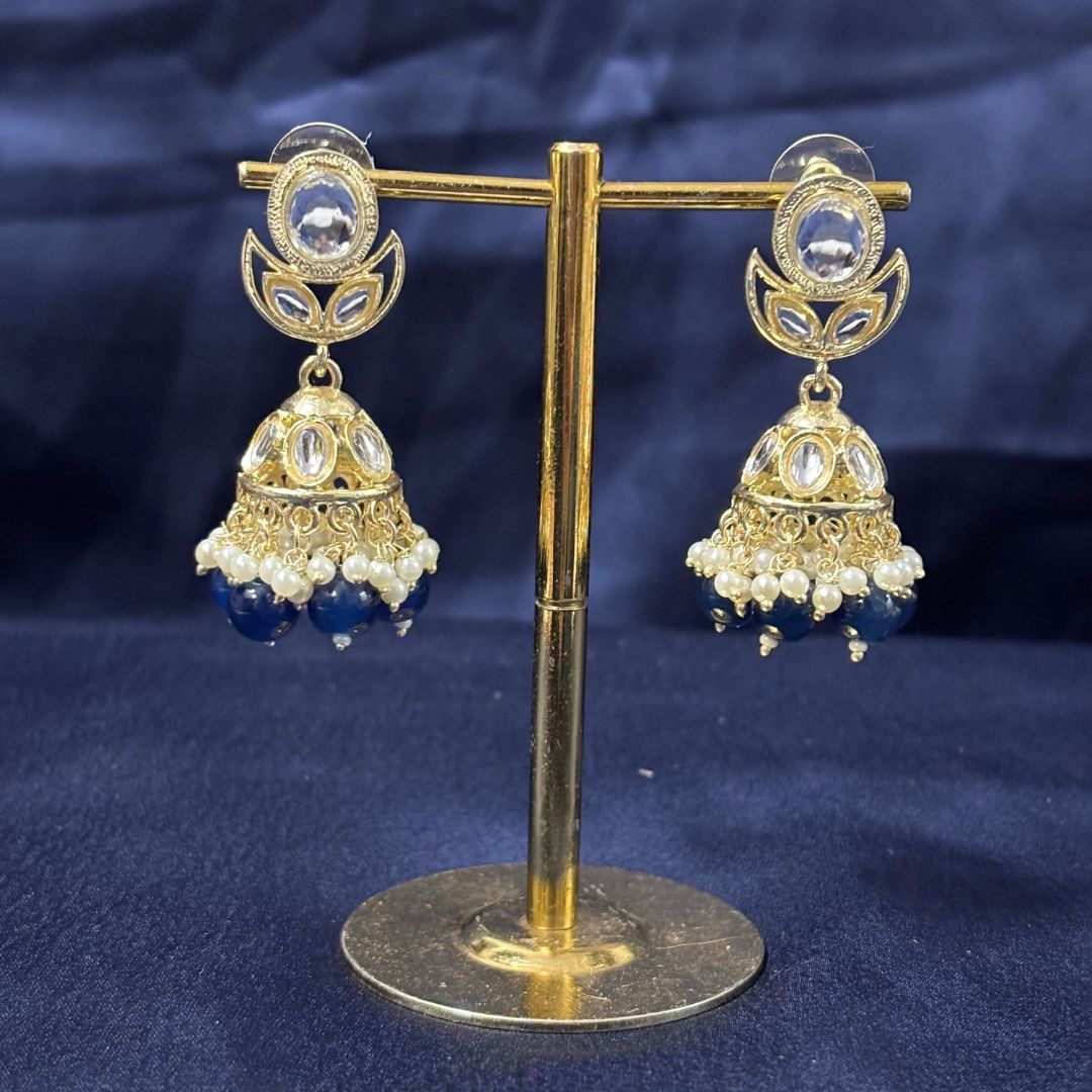 High Quality Gold Plated Navy Blue Kundan Jhumki Drop Earrings