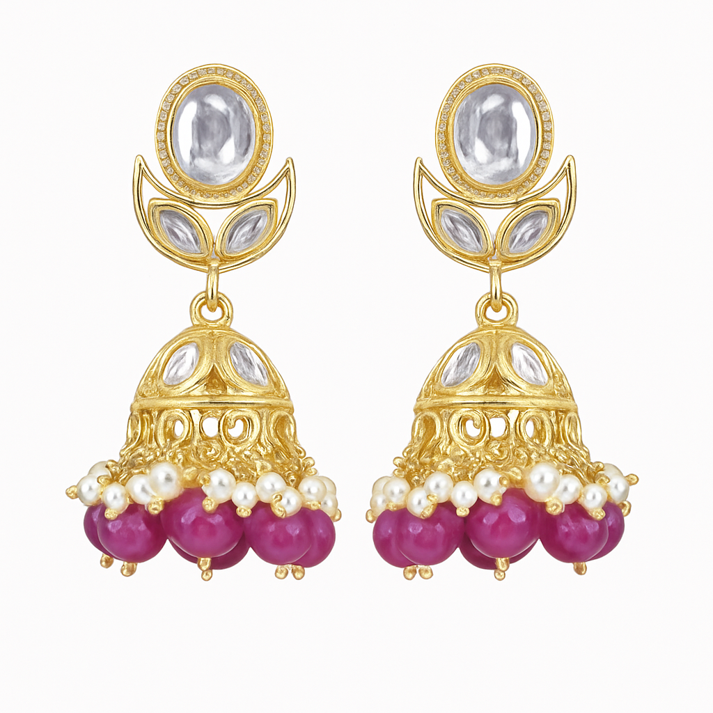 High Quality Gold Plated Dark Pink Kundan Jhumki Drop Earrings