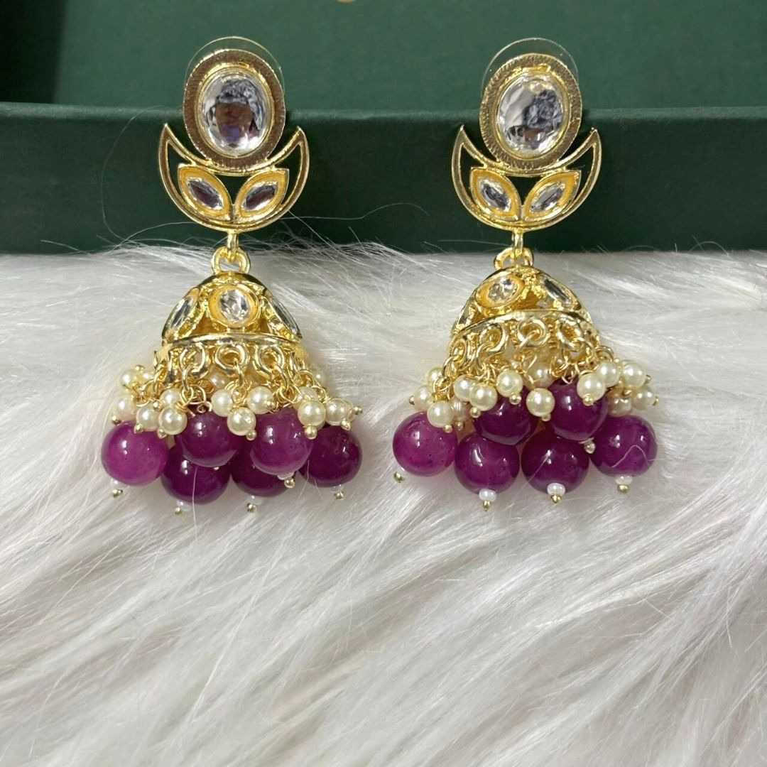 High Quality Gold Plated Dark Pink Kundan Jhumki Drop Earrings