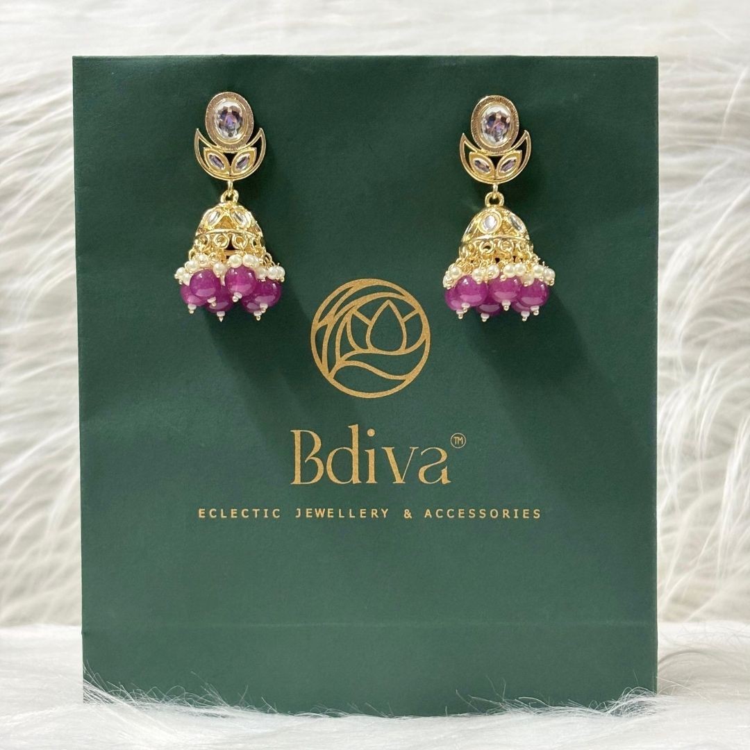High Quality Gold Plated Dark Pink Kundan Jhumki Drop Earrings