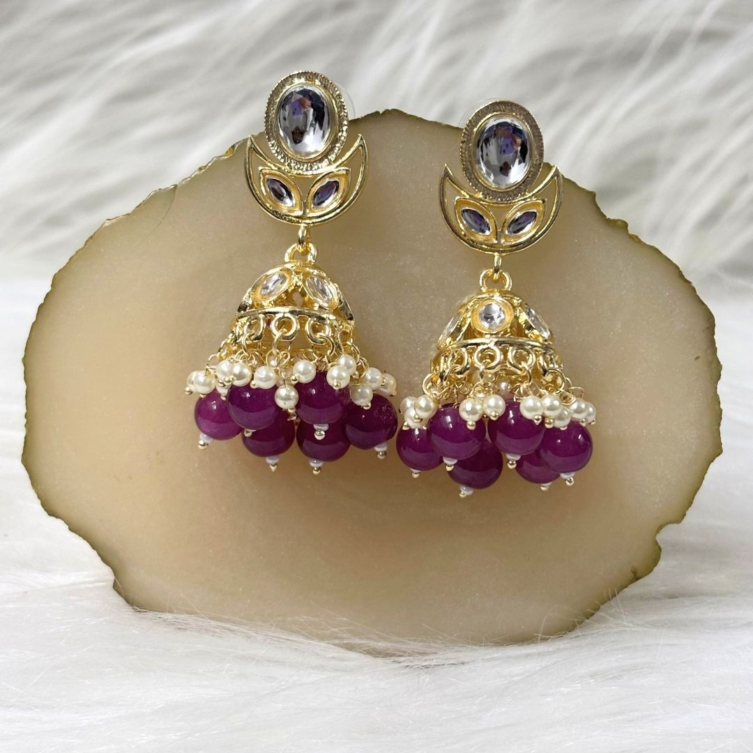 High Quality Gold Plated Dark Pink Kundan Jhumki Drop Earrings