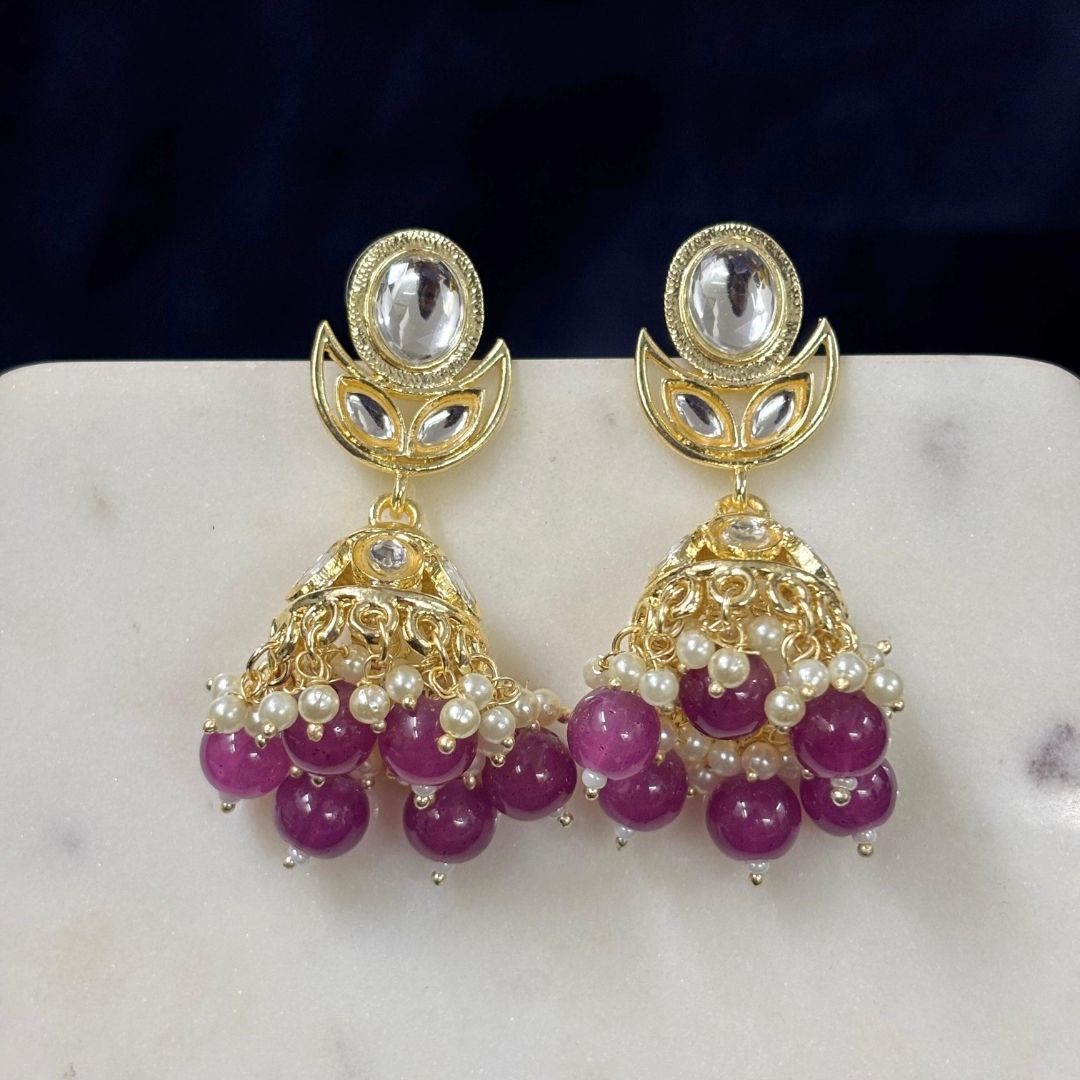 High Quality Gold Plated Dark Pink Kundan Jhumki Drop Earrings