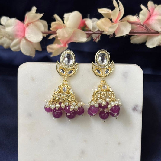High Quality Gold Plated Dark Pink Kundan Jhumki Drop Earrings