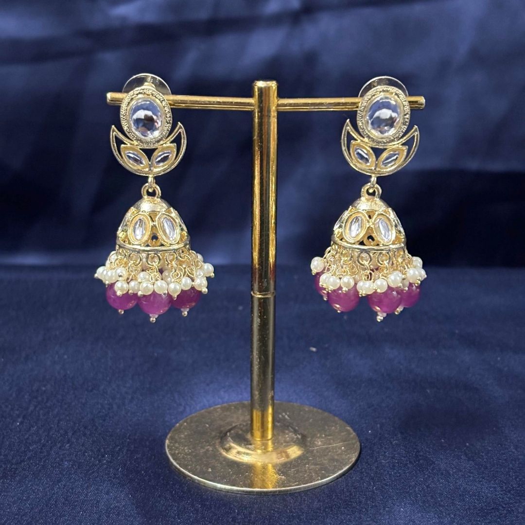 High Quality Gold Plated Dark Pink Kundan Jhumki Drop Earrings