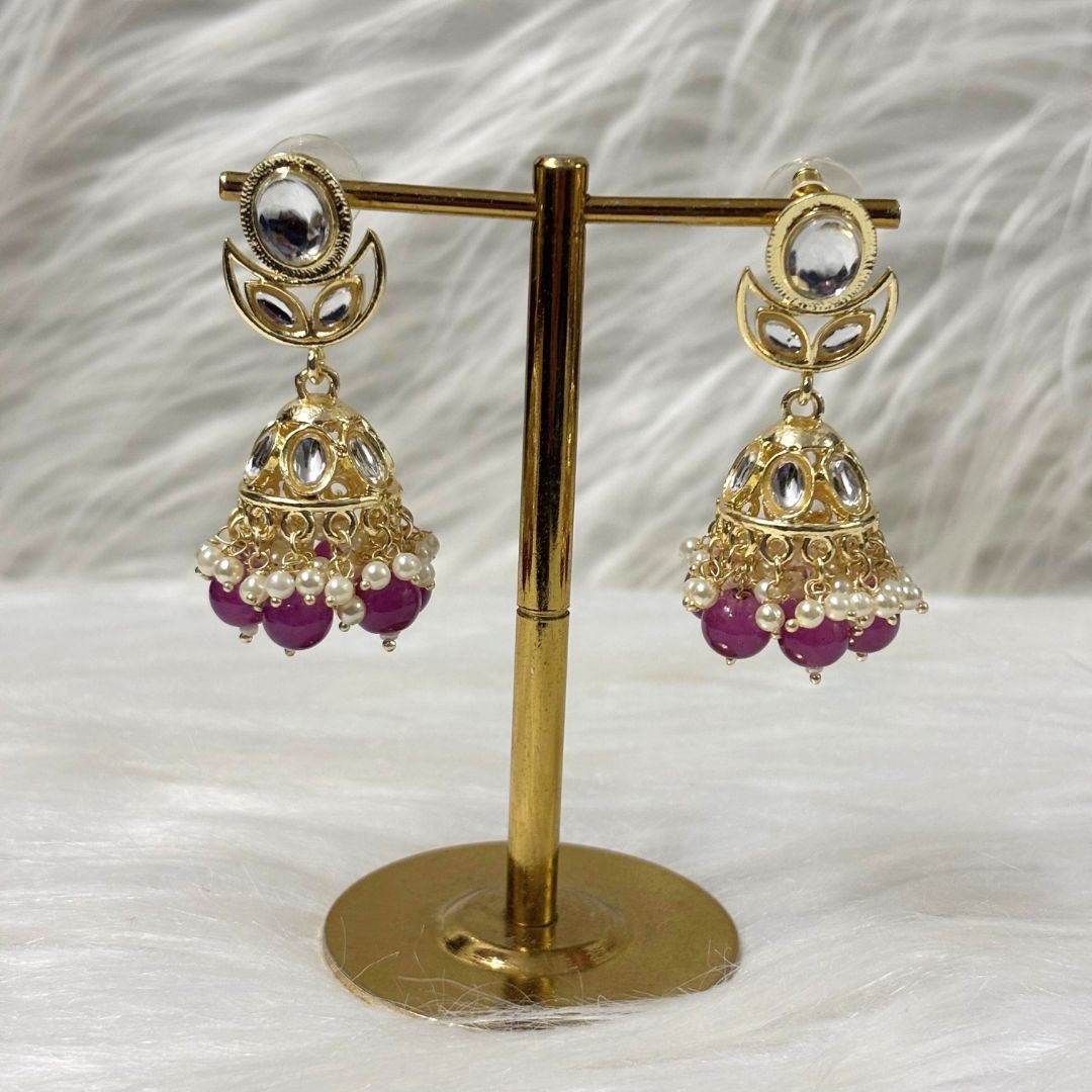 High Quality Gold Plated Dark Pink Kundan Jhumki Drop Earrings