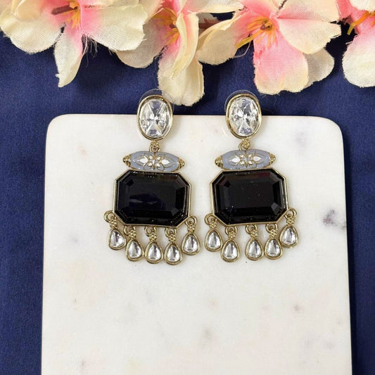 High Quality Gold Plated Blush Pink Kundan and Blue Meenakari Drop Earrings
